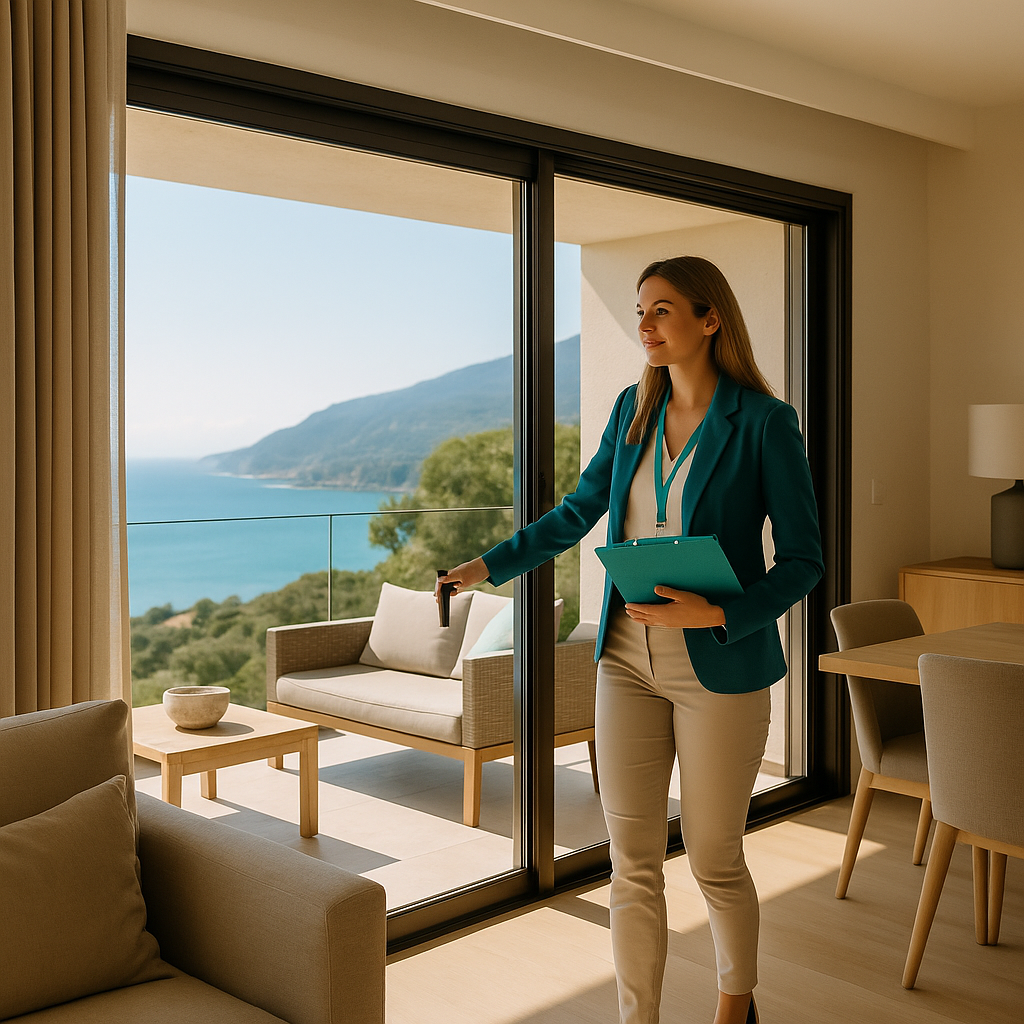 Gestora de VIVORENT revisando una propiedad luminosa frente al mar